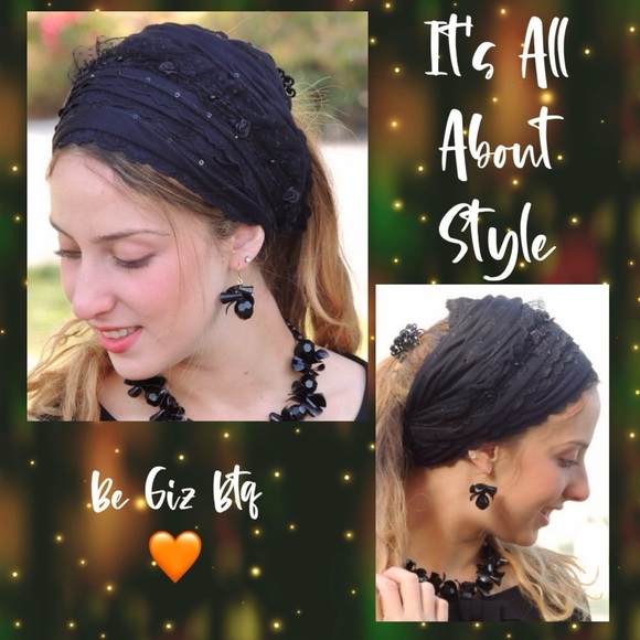 Lovely Royal Black Laces Handmade Mitpachat Head Covering-Scarf-Tichel Headband - Picture 3 of 6